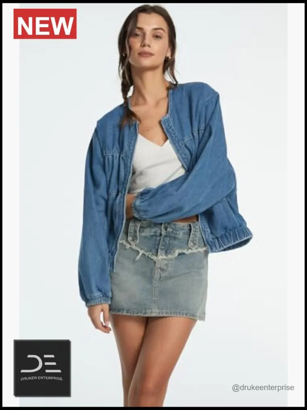 Women Denim Bomber Jacket Collarless Cropped Zip Jean Shirt Jacket Pockets